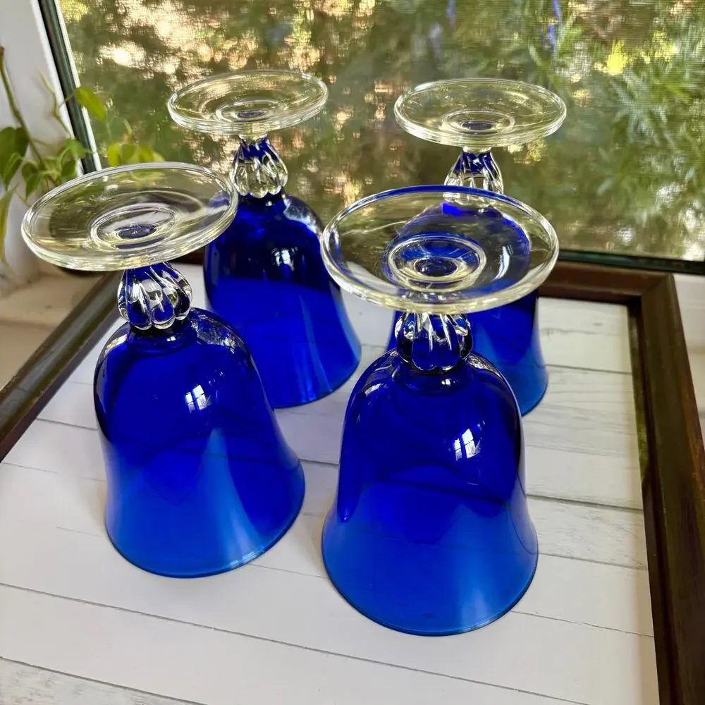 Vintage Cristal D’Arques Cobalt Blue Goblets Set of 4 Wine Glasses